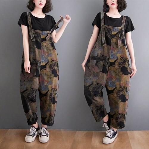 21Spring Autumn Denim jumpsuits Women Retro Printed Loose Pockets Fashion Washed Female Cross-Pant Tide Jeans
