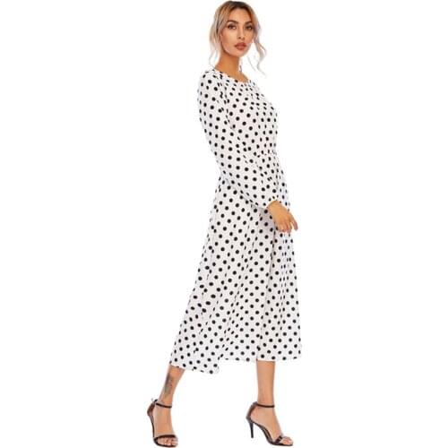 Ladies Fashion Loose Long Sleeve Round Neck Elegant Women Dresses Women Point Print Dress Chiffon Beach Dress