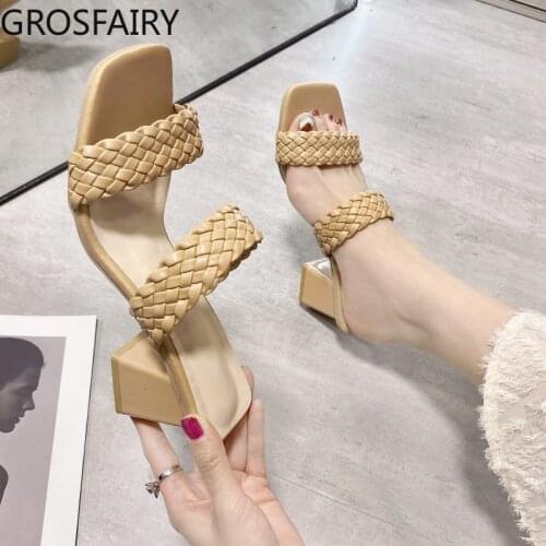 Womens High-heeled Thick-heeled Sandals and Slippers Open-toe One-line Slippers Womens Large Woven Sandals and Slippers