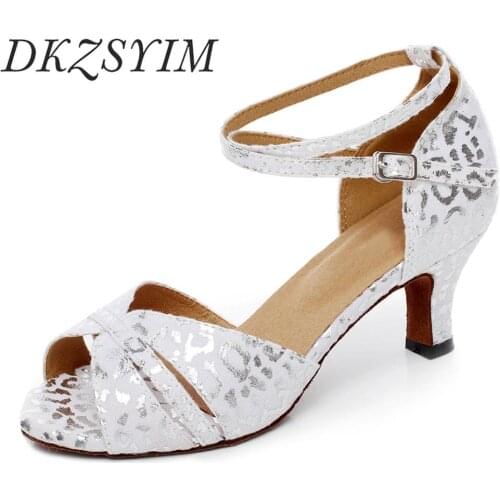 DKZSYIM Red/Silver Latin Dance Shoes Women Ballroom National standard Dancing Shoes printed Tango/Salsa Dance Sandals High Heels