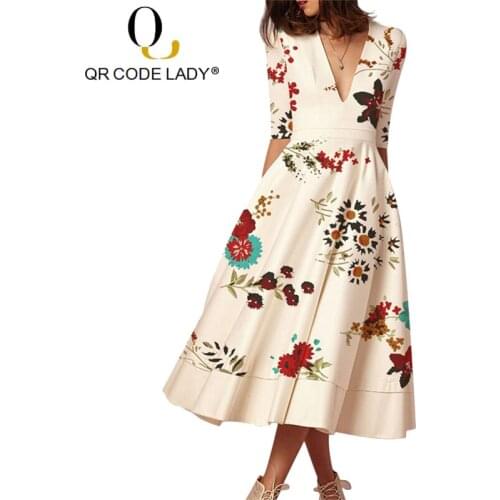 QR Summer Dress Women 2019 Elegant Sexy Deep V Neck Long Party Dress Female Casual Plus Size Floral Print Ball Gown Dresses 3XL