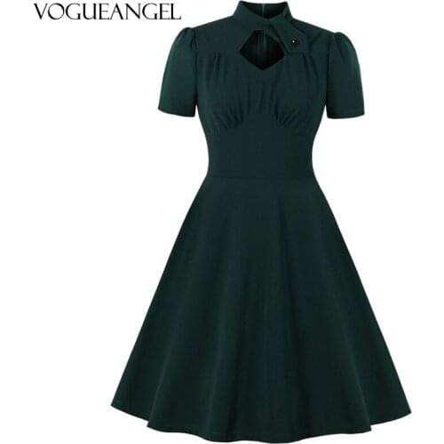 Autumn Solid Women Retro Dress Sexy Turtleneck Short Sleeves Femme Party Dresses Pin Up Swing Feminino Vintage Vestidos