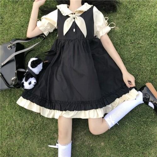 Japanese Fake Two Piece Stitching Loose Dress Women 2021 New Sweet Cute Girl Ruffle Dresses Vestido Lolita Style Ladies Dress
