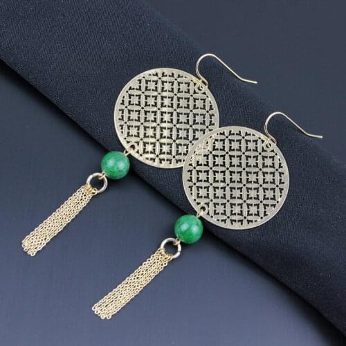Gold Filled Round Lattice Natural Stone Beads Link Chain Tassel Earrings for Women Trendy High Quality Boutique Jewelry