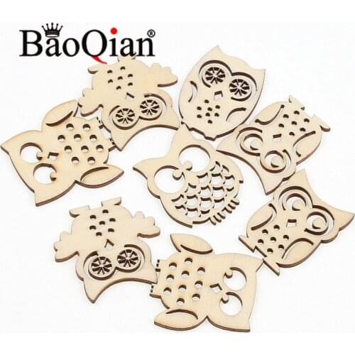 10pcs Natural Wooden Scrapbook 30-40mm Cartoon Owl Shape Hollow Painted Crafts Diy Home Decoration Embellishment Wood Chips