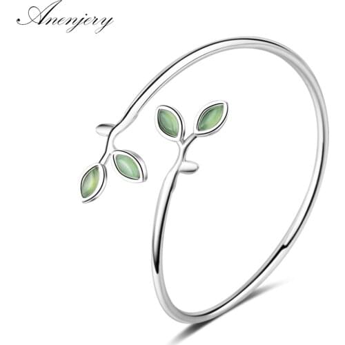 ANENJERY 925 Sterling Silver Sweet Opal Burgeon Opening Bangles For Women Gift pulseira Jewelry S-B209