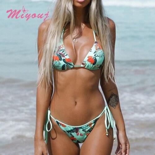 Bandage Adjustable Bikinis Micro Thong Brazilian Beach Halter Bathing Suit Triangle Plant Print Womens Swimsuit Sexy Bikini Set