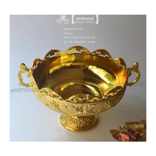 Diameter20cm flower carved round gold metal fruit bowl serving tray With ears fruit tray for wedding decoration SG018