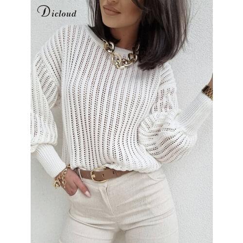 DICLOUD Hollow Jumper Woman Long Sleeve Round Neck Knitted Sweater New Elegant White Loose Fit Lady Solid Pullovers Fashion 2021