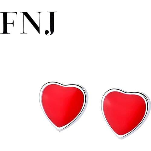 FNJ Red Heart Earrings 925 Silver Jewelry Original Pure S925 Sterling Silver Stud Earring for Women