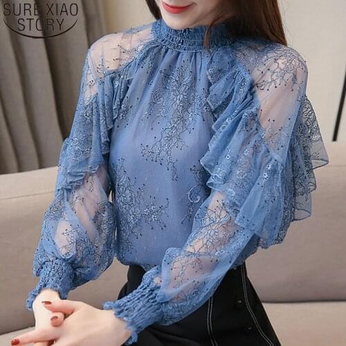Sweet Ruffles Blouse Spring Lace Blouse Stand Collar 2021 Elegant Casual Print Tops Fashion Perspective Chiffon Shirt 4666 50