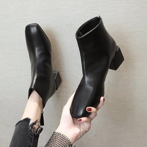 2021 New Winter Womens Boots Square Toe Solid Pu Leather Fashion Ankle Shoe Ladies Block Heels Outdoor Party Women High Boot