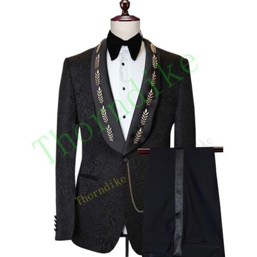 Thorndike 2021 Formal Wear Groomsmen Shawl Lapel Groom Tuxedos Black Jacquard Male Suits Wedding/Prom Blazer (Jacket+Pants)T1166