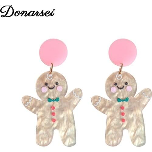 Donarsei Cute Christmas Gingerbread Man Acrylic Earrings For Women Funny Acetate Cartoon Character Drop Dangle Earrings Party