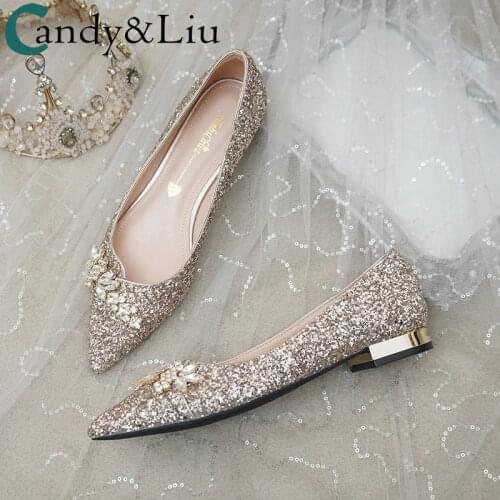 Wedding shoes women flat 2021 new winter bridesmaids golden sequins flat heeled pregnant women low-heeled crystal shoes
