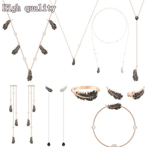 SWA 1:1 High Quality Fashion Jewelry Exquisite Classic Charming Black Feather Series Set Lady Necklace Decoration Romantic Gift