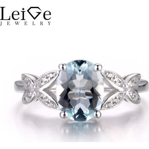 LeiGe Jewelry Natural Blue Aquamarine Rings Anniversary Rings March Birthstone Oval Cut Blue Stone Ring Real 925 Sterling Silver
