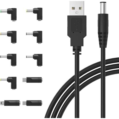 Universal 5V DC Power Cable, USB to DC 5.5x2.1mm Plug Charging Cord with 10 Connector Tips(5.5x2.5, 4.8x1.7, 4.0x1.7, 4.0x1.35