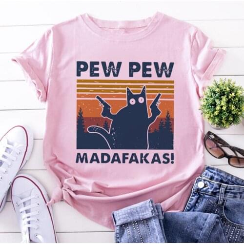 Murderous Black Cat With Gun Funny White T Shirt Pew Madafakas Print T-shirt Women Short Sleeve Halloween Top Female Tshirt