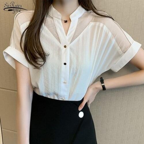 Office Lady New V-neck White Shirt Fashion Casual Women Blouse Solid Short Sleeve Mesh Tops Clothing Blusas Mujer De Moda 9635