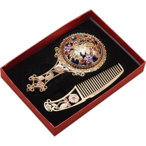 Women Vintage Style Beauty Flower Mirror Comb Set Ladies Chinese Style Cosmetic Mirror Comb Bridal Delicate Wedding Hair Jewelry