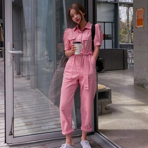 2020 Autumn New Korea Casual Tooling Jumpsuits Romper for Women Short Sleeve Lapel Sashes Loose Pink Jumpsuit Casual Overalls