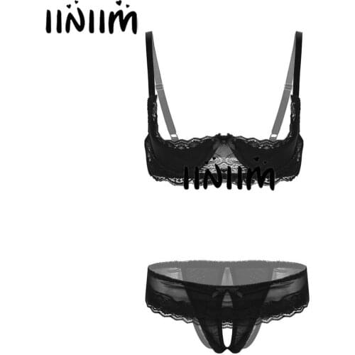 Women Micro Bikini Lace Lingerie Set Sissy Erotic Underwear 1/4 Cup Unlined Shelf Bra with Open Crotch Briefs Hot Exotic Apparel
