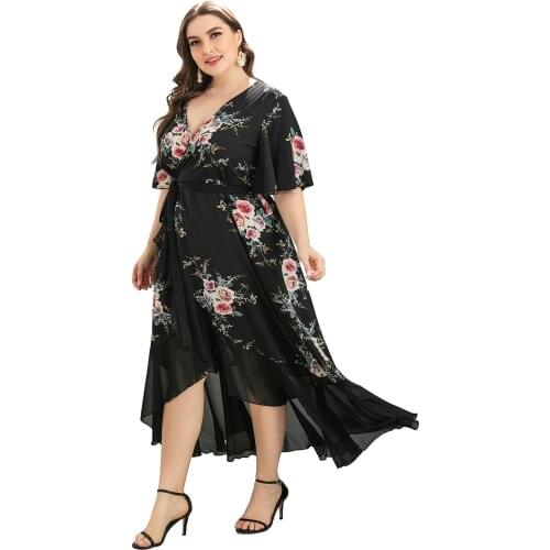 Plus Size Dress 5xl V-Neck Ruffle Irregular Print Bandage Mid-Sleeve Skirt Slim Summer Cardigan High Waist Red Elegant Party