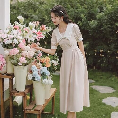 Japanese Navy Collar Preppy Style Dress Vestidos Summer 2021 Sweet Vintage Pure Color Kawaii Midi Dress Women