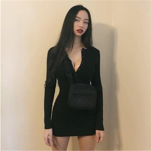 Harajuku Knitted Women Mini Dress Button Streetwear Bodycon Grey Long Sleeve Above Knee Dresses Femme Autumn Night Club Dress