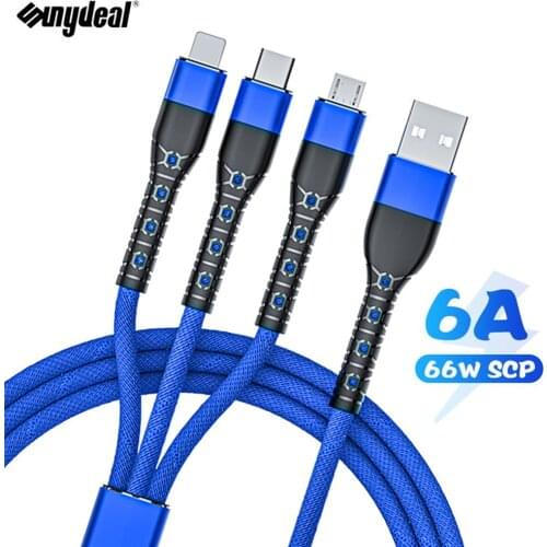 Super Charge 3 in 1 USB Cable for Huawei for iPhone 12 11 Pro Max 3in1 2in1 Fast Charge 8 Pin Micro USB Type C Cable for Samsung