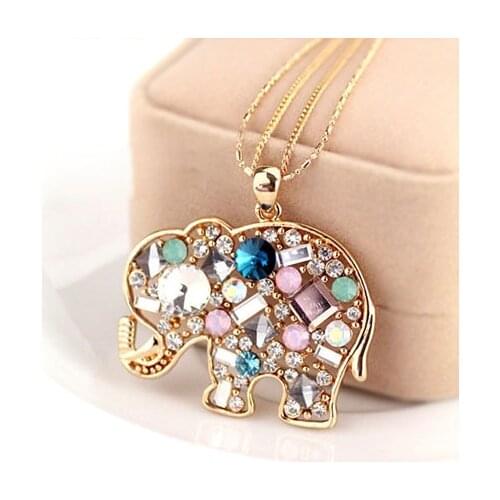 2019 Trendy Summer Style Gold Lucky Lovely Elephant Colorful Crystal Rhinestone Pendant Necklace Long Chain Jewelry for Women