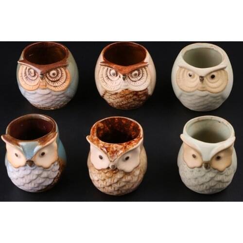 6pcs Cute Owl Mini Ceramic Flower Pot Succulent Plant Flowerpot Home Office DIY Garden Decor