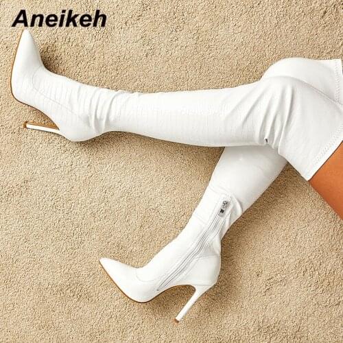 Aneikeh Winter Patent Leather Pointed Toe Over-the-Knee Modern Boots 2021 Womens Shoes Thin Heels Sexy Fashion Party Solid ZIP