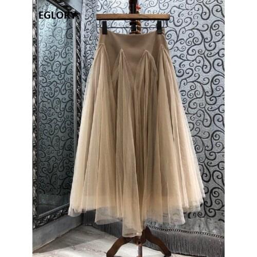Ball Gown Skirt 2021 Spring Autumn Fashion Style Women Sexy Tulle Mesh Patchwork Mid-Calf Length Blue Apricot Casual Basic Skirt