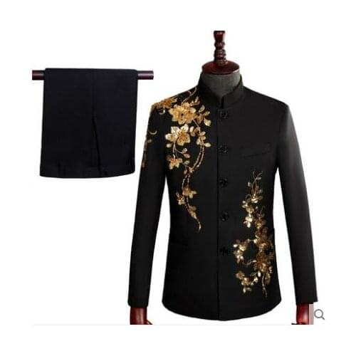 Sequin Chinese tunic suit set with pants mens wedding suits costume singer star style dance stage clothing formal dress 988