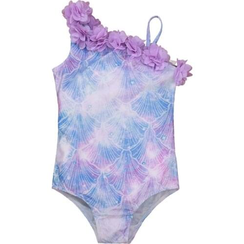 Kids Baby Girls Swimwear Shell Print One-piece Swimsuit Stylish Flower Lace Frill One Shoulder Bikini Children Bathing Suit 0-5Y