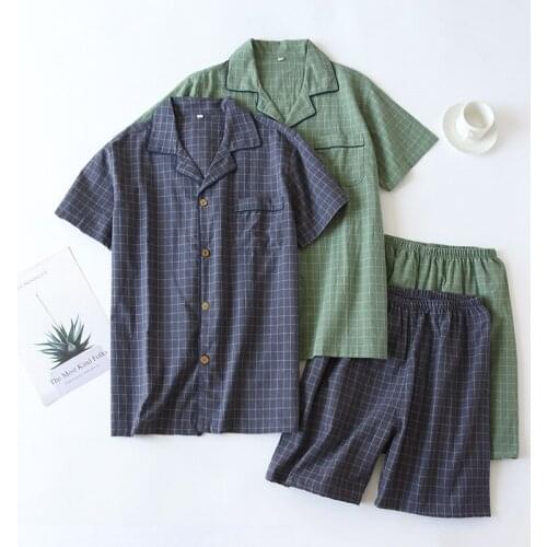 Mens Pajamas Summer Thin Short-sleeved Shorts Washed Cotton Simple Japanese Plaid Home Service Suit Pantalon Pijama Hombre
