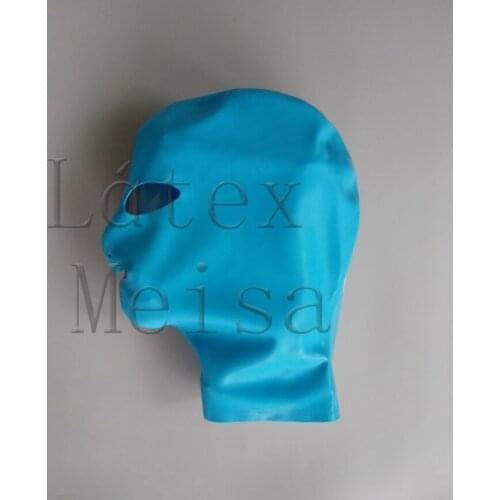 Fetish latex hoods open eyes nostrils and mouth in sky blue color with back zip for adults