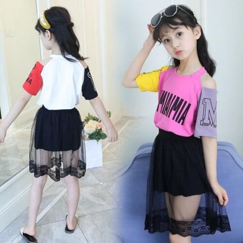 Girls 2019 Summer New Baby Girls Clothing Sets Fashion Style Letter Printed T-Shirts+Black Mesh Skirts 2Pcs Girls Clothes