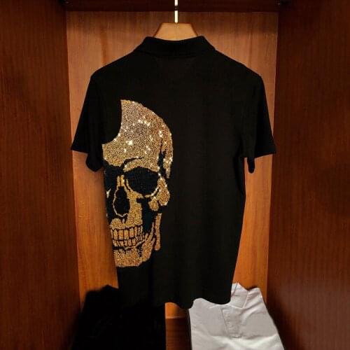 Korean Version M-5XL Design Polo Shirt Mens Street Shiny Summer Super Hot Diamond Skull Plus Size Short Sleeves