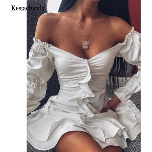 Kesiachiccly Summer Dress Women Pleated Bodycon White Club Party Sexy Dresses long Sleeve Mini Ruffles Elegant Dress Vestido