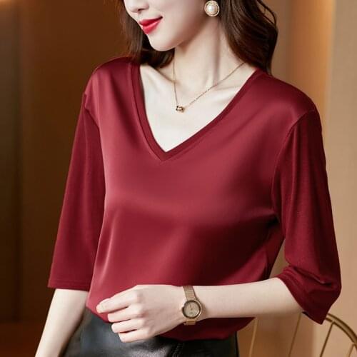 Summer Korean Silk T-shirts for Women Vintage Satin Tops for Women Cotton Short Sleeves T Shirt Loose Office Lady Shirts