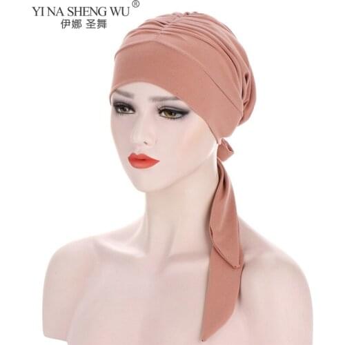 Muslim Turban Hat Women Pre-Tied Beanies Caps New Style Fashion Bandana Long Tail Bow Headscarfs Head Wrap For Hair Accessories