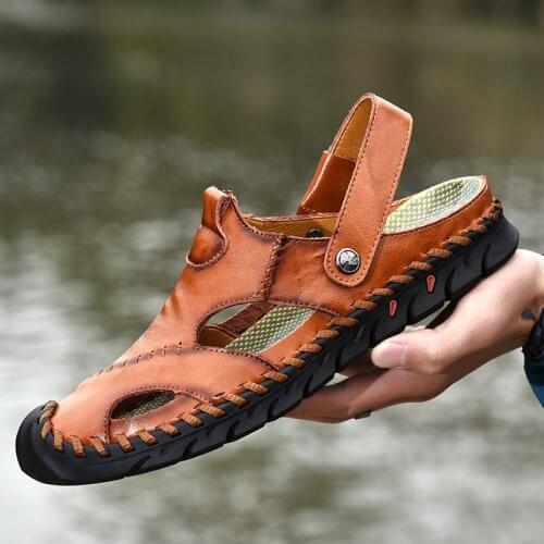 Men Genuine Leather Beach Sandals Casual Sneakers Outdoor Non-Slip Breathable Summer Big Size Slides Hiking Slippers