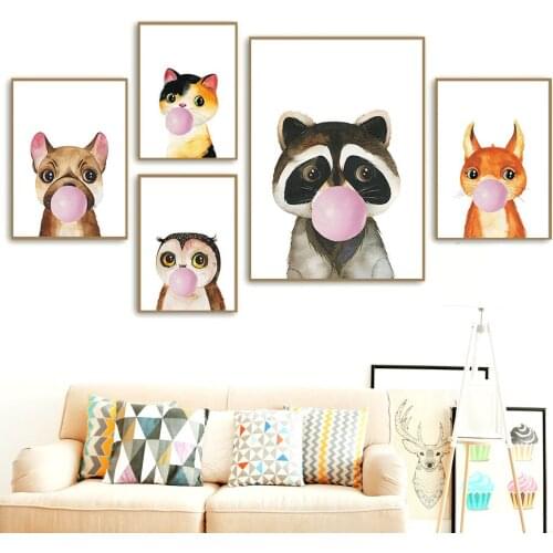Pink Bubble Fox Owl Raccoon Unicorn Cat Dog Nordic Posters And Prints Wall Art Canvas Painting Wall Pictures Kids Room Decor