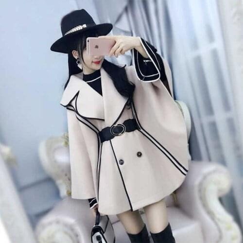 2021 New Spring Autumn Women Coats Womens Beige Black-Edged Bat Cloak Cape Woolen Coat