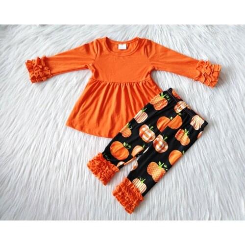 Wholesale kids halloween outfit girl boutique orange color top match pumpkin ruffle pants 2 pieces set girl fall outfit