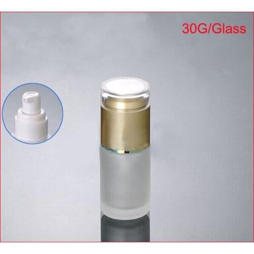 Wholesale 30ML frosted glass empty bottle with shiny silver press pump & gold cap lotion bottle Cosmetic Packaging 50pcs/lot