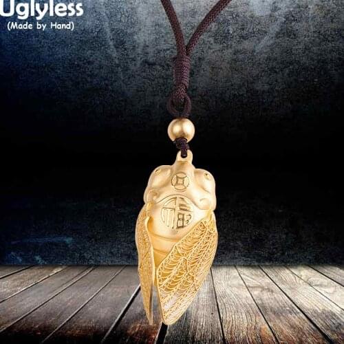 Uglyless Vivid Filigreed Wings Cicada Necklaces for Men Women Neutral Gold Silver Jewelry 990 Full Silver Pendants + Rope Chains
